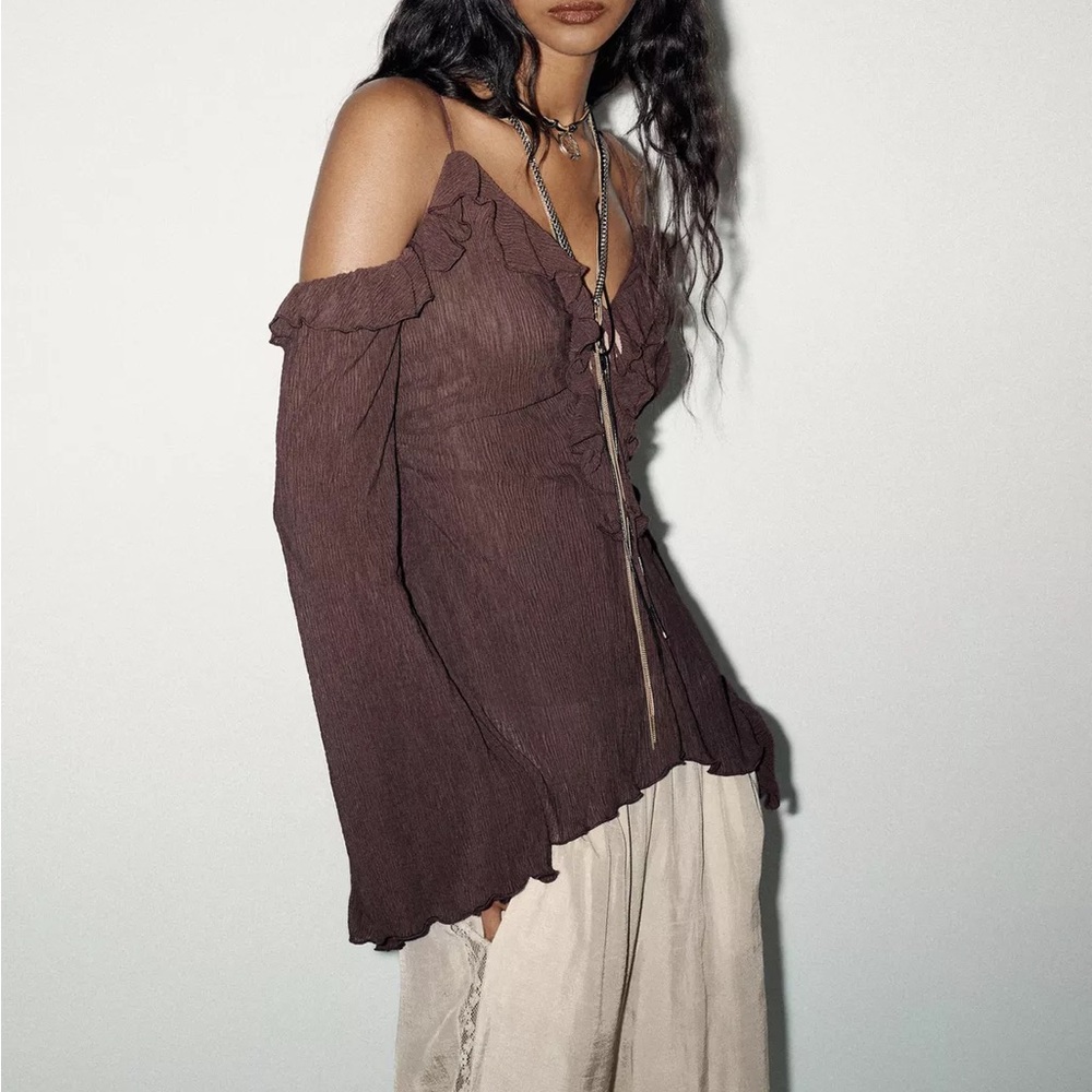 Zara Brown Ruffle Off-Shoulder Blouse - Picture 5 of 6